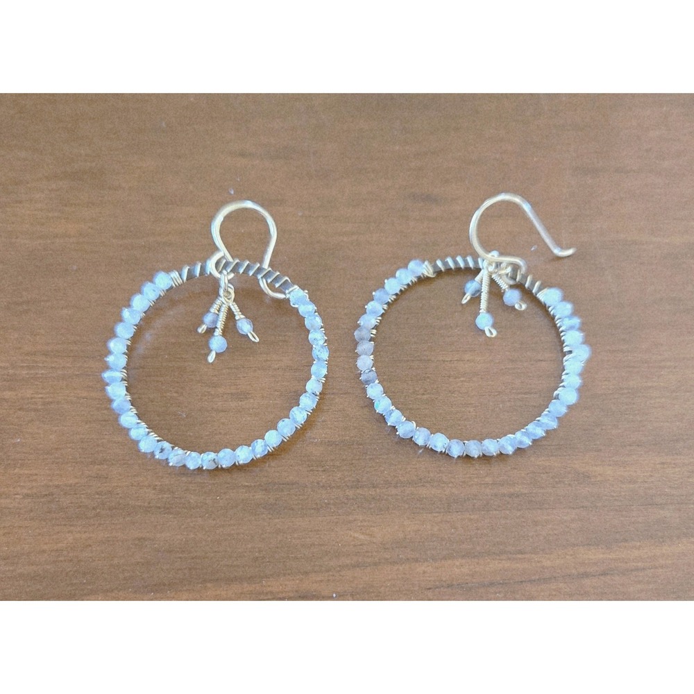 Labradorite Wire Wrapped‎ Hoop Earrings Gold Tone Boho Gemstone Dangle Hook
